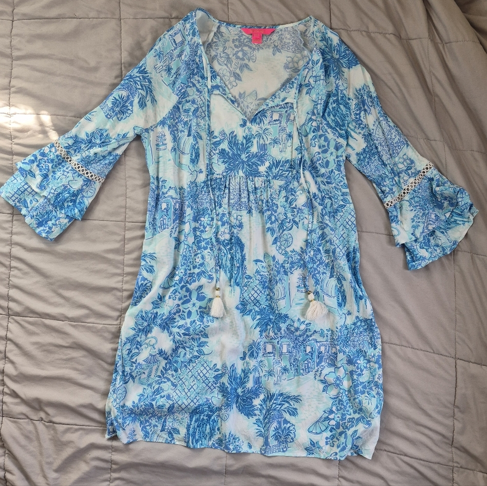 Lilly Pulitzer Azita Tunic Dress, Medium, Blue & White "Toile Me About It," EUC